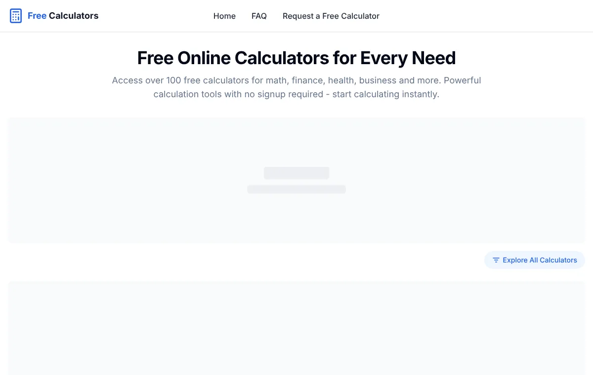 Free Calculators home page as a crawler sees it now: header, headline and text
